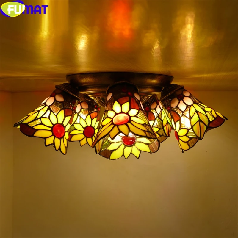 FUMAT Tiffany Style 3 5 Horn Shape Shade Ceiling Lamp Flush Fitting Stained Glass Sunflower Lotus Baroque Pattern Chandeliers