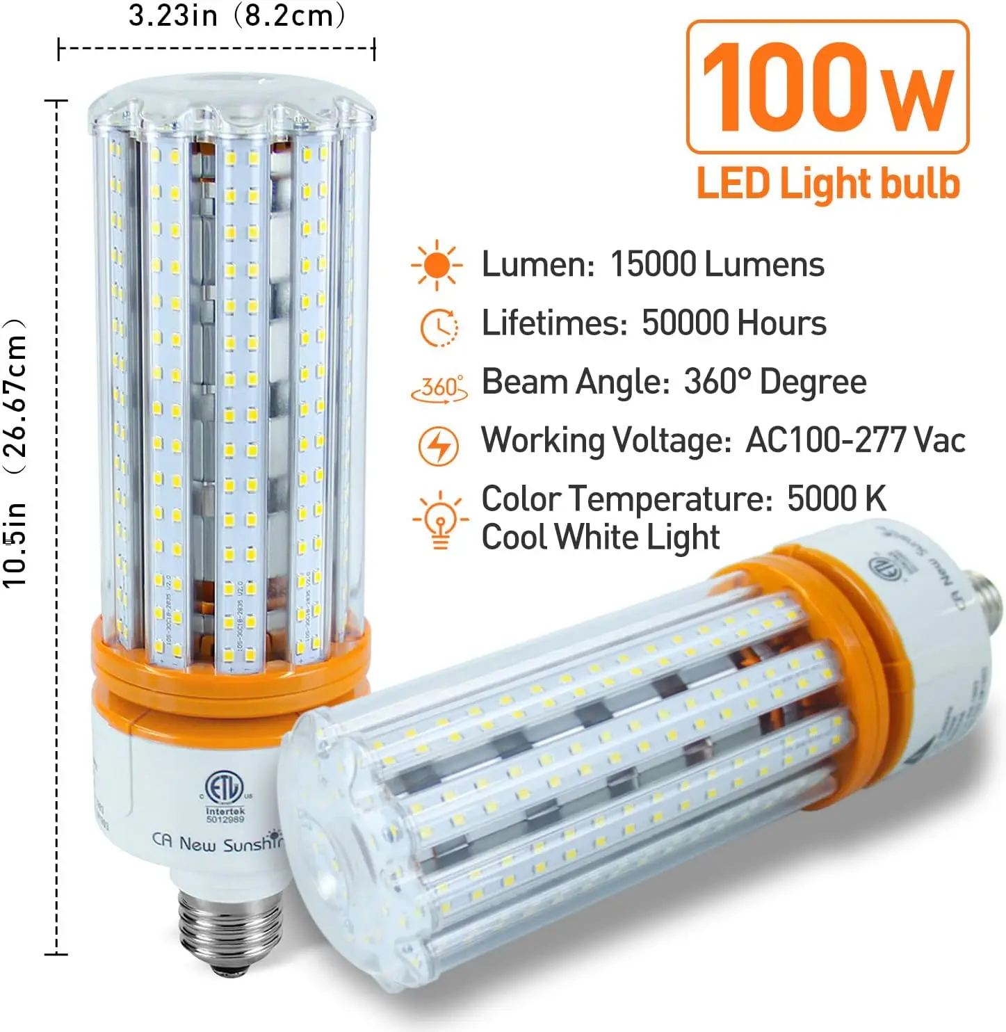 1000W Equivalent LED Corn Bulb, Led Corn light bulbs 15000 Lumen 5000K Daylight White Lamp,E26/E39 Medium Mogul Base,2-Pack 100W