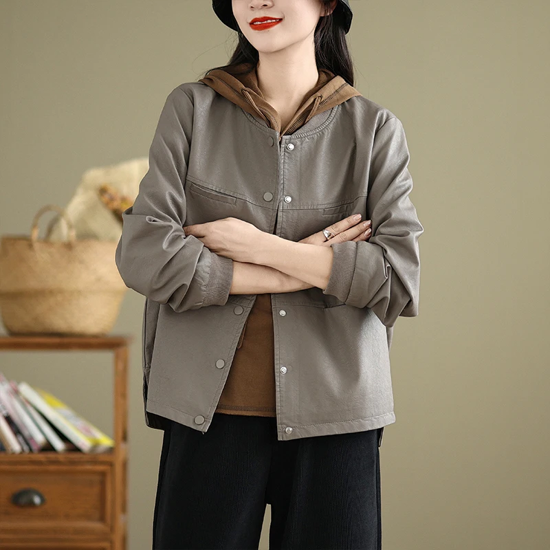 Premium PU Leather Brown ort Casual Jaet Women's Sle Baseball Collar Slimming Top for Autumn Winter Commute Faion