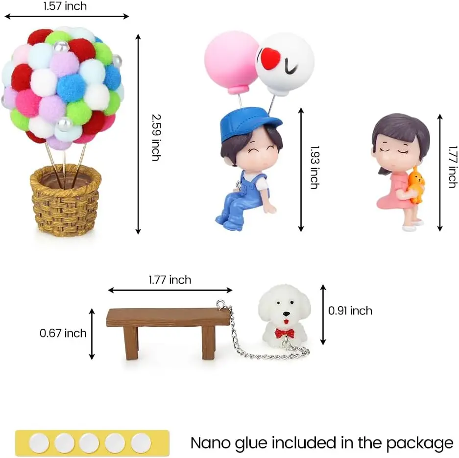 Adorable Cartoon Couples Car Decoration for Dashboard, Boy Girl Cute Ornament with Dog and Balloons