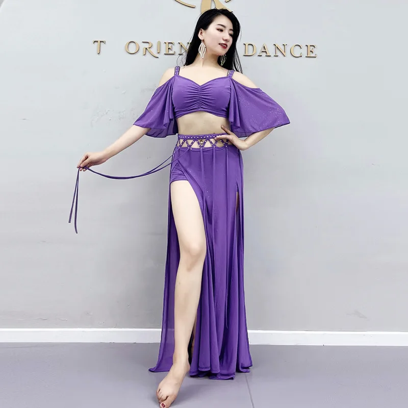 Conjunto de traje de danza del vientre para mujer, falda larga dividida de cintura alta, ropa de práctica, actuación de baile Oriental para adultos