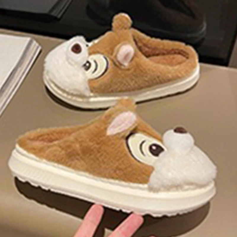 New Winter Cute Cartoon Pattern Warm Plush Slippers Women's Indoor Non-Slip House Slides Women Toe Wrap Home Cotton Shoes