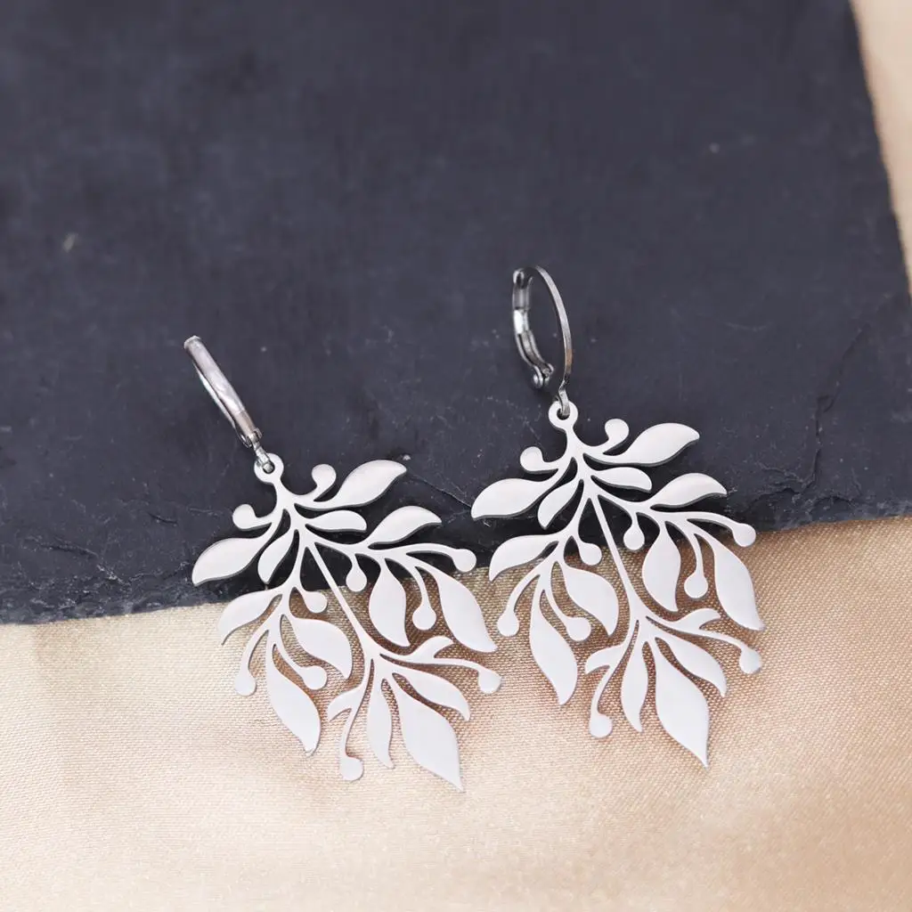 QIAMNI Vintage Leaf Huggies Hoop Earrings for Women Girls Stainless Steel Flower Leaf Drop Earring Birthday Jewelry Gift Bijoux