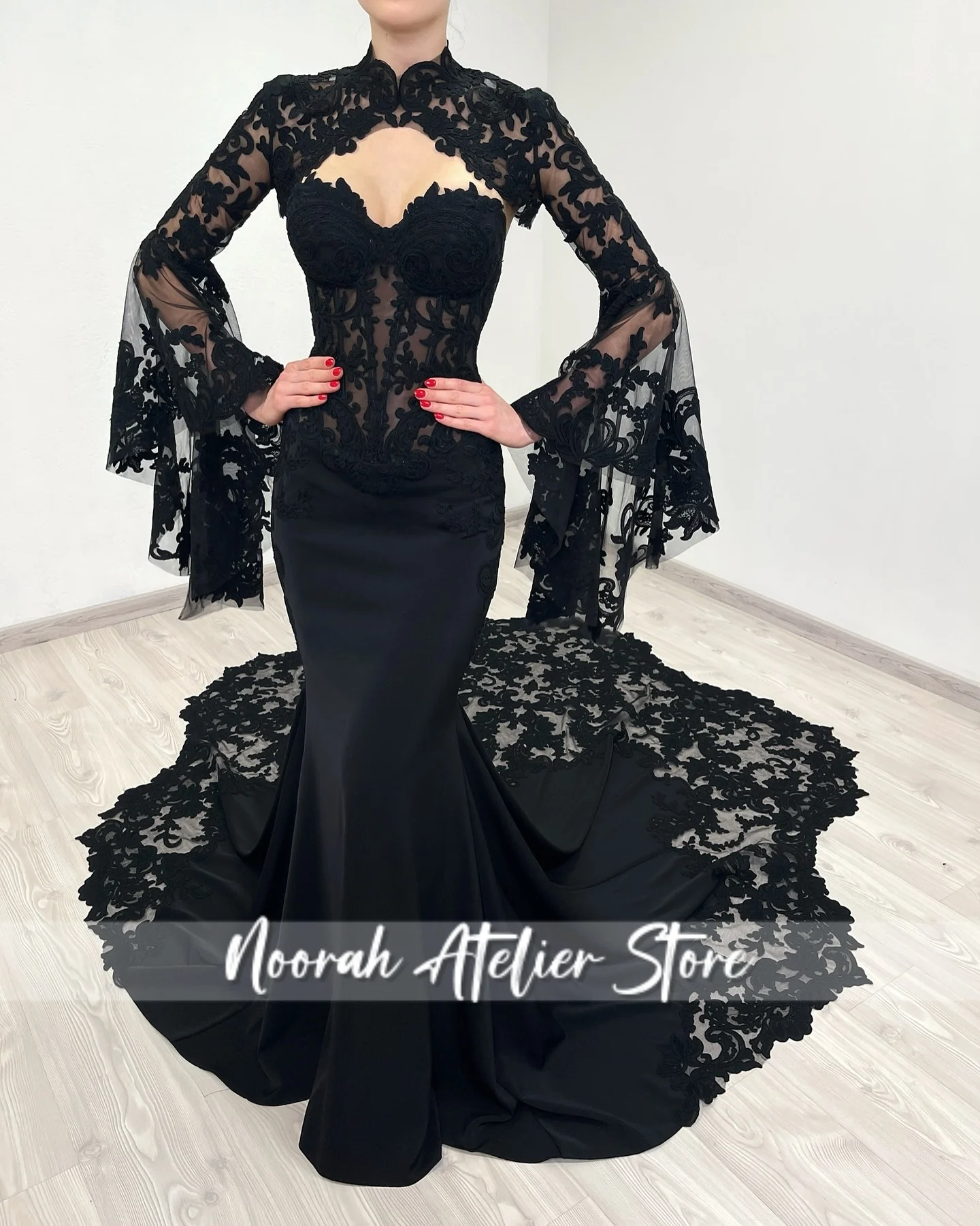 Moda sirena de encaje negro mangas de Dubai vestidos de noche 2025 vestido de novia de tren vestido de fiesta فسات -.maveravestido formal personalizado