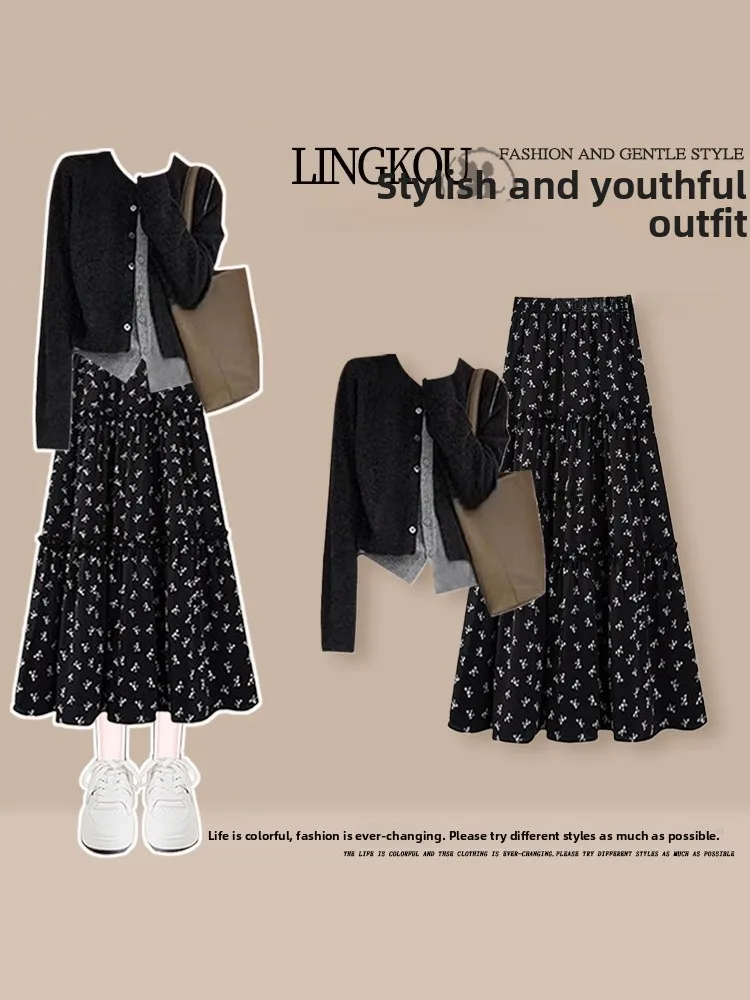 

Sweet Floral Print High Waist Half Body Skirt And T-Shirt Two-Piece Set for Women Early Autumn Fashion Ensemble High Waist