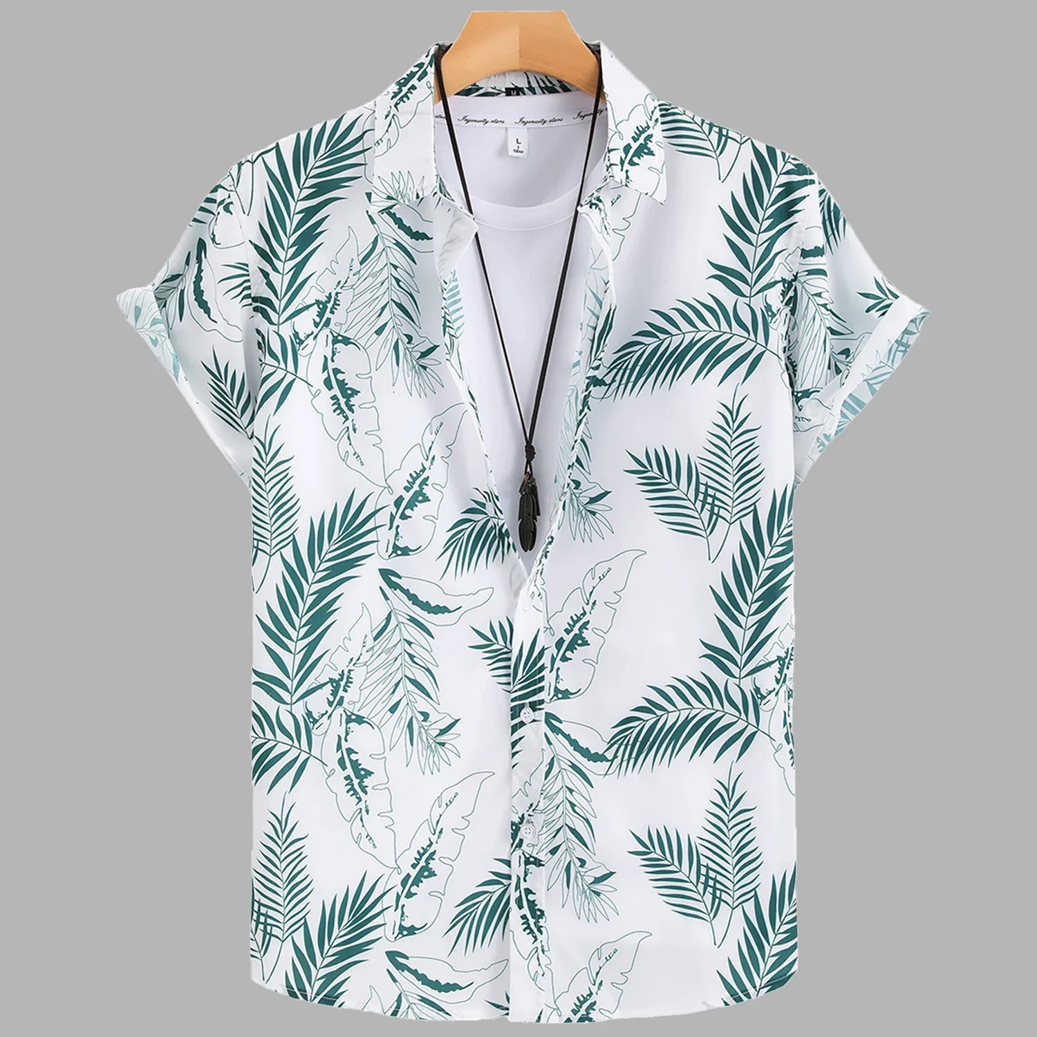 

2024 New Fashion Mens Foliage Print Short Sleeve Shirts Summer Beach Vacation Style 100% Polyester Tropical Hawaii Shirt for Men