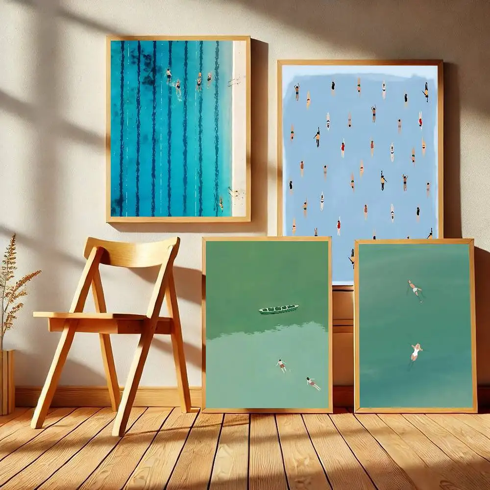 Minimalist Abstract Light Green Seawater Swimming Art Vintage Posters Sticky Whitepaper Prints  Artwork Posters Wall Stickers
