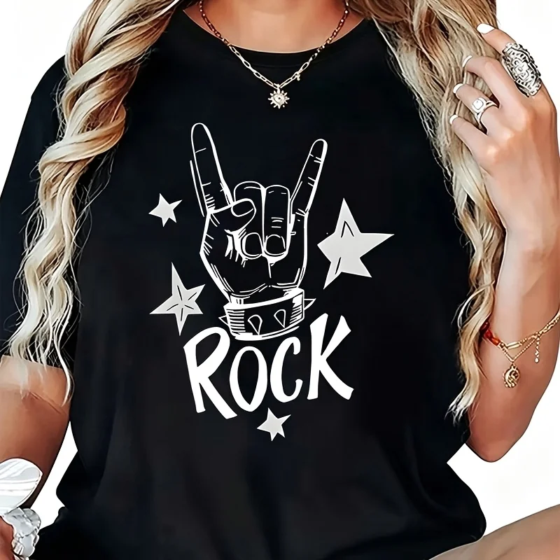 Rock Hand Gesture & ROCK Letter Print Women's T-Shirt 100% Cotton Funny Graphic Short Sleeve Tee Novelty Shirt Casual Crew Neck Top S-5XL