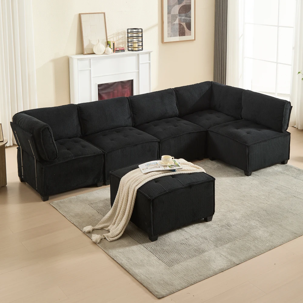 Sofa Modulares 6-Sitzer-Sofa, Kordelstoff, ergonomisch, Aufbewahrungstaschen, flexibel kombiniert als U-Form/L-Form/Sofabett – Detail 19