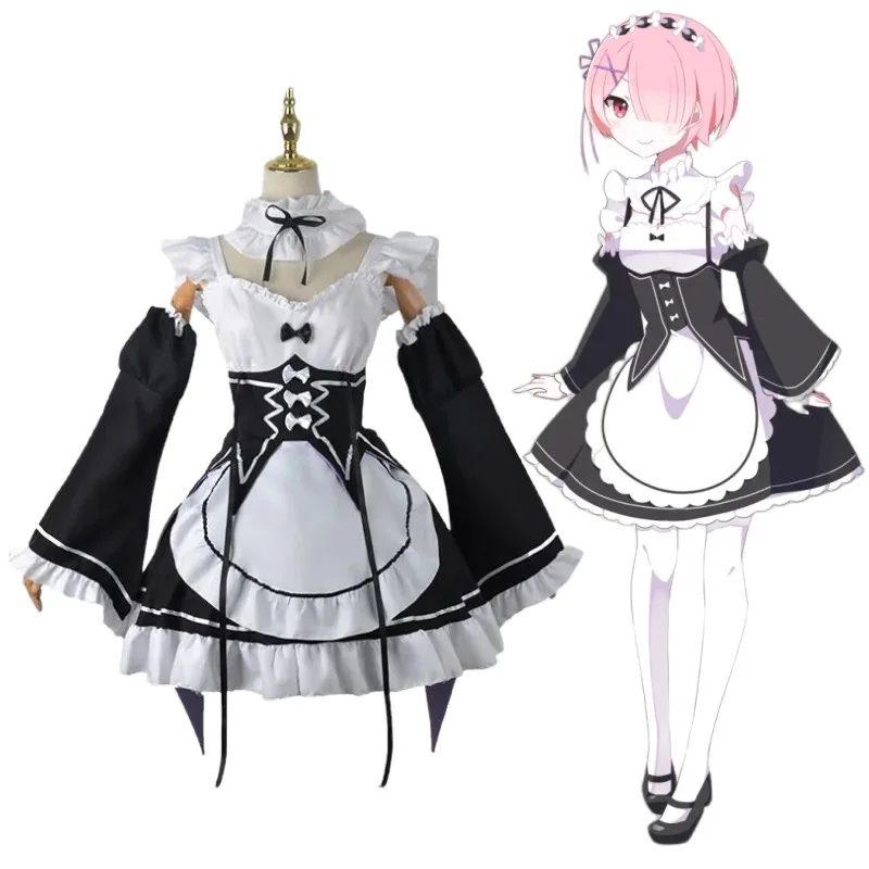 

Аниме Ram Cosplay Costumes Rem Lolita Maid Vestido Re: Zero Kara Hajimeru Isekai Seikatsu костюмы на Хэллоуин женское платье Лоли