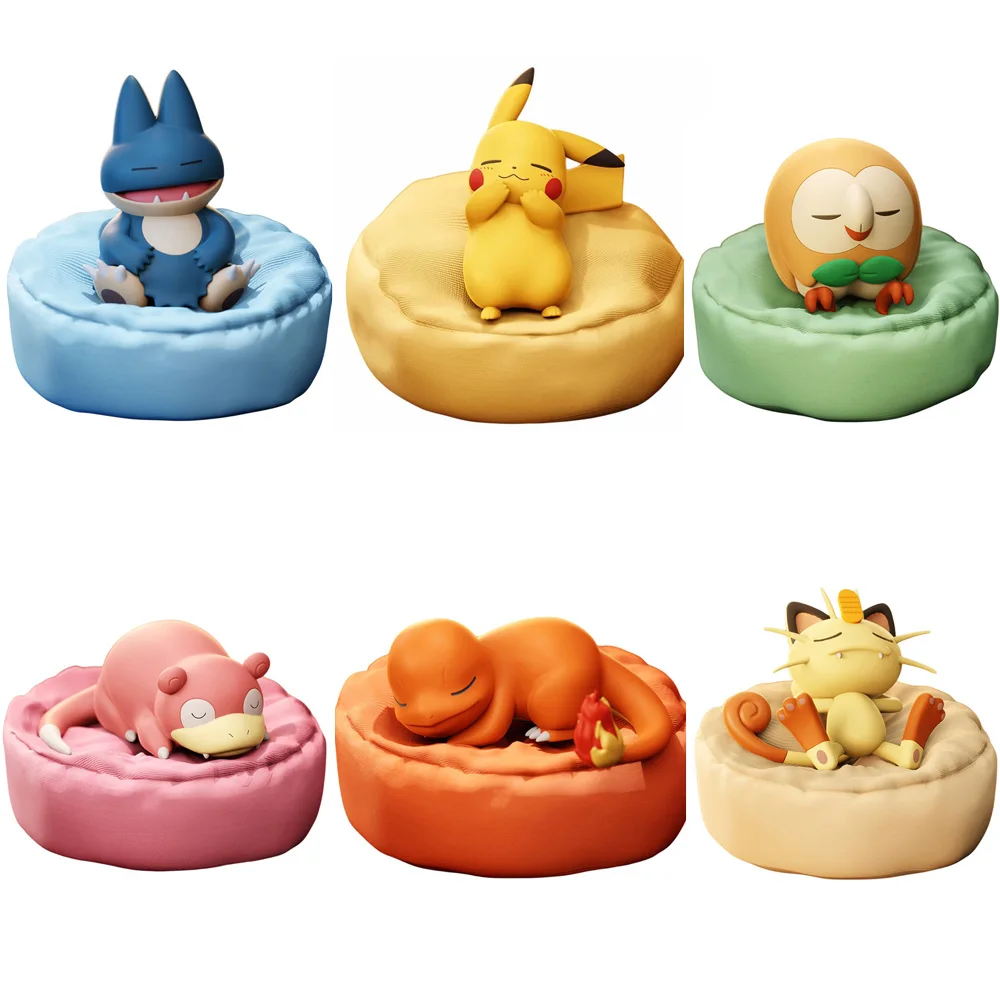 6 Styles New Pokemon Casual Time Pikachu Munchlax Slowpoke Rowlet Meowth Charmander Sleeping Anime Figures PVC Toys Kawaii