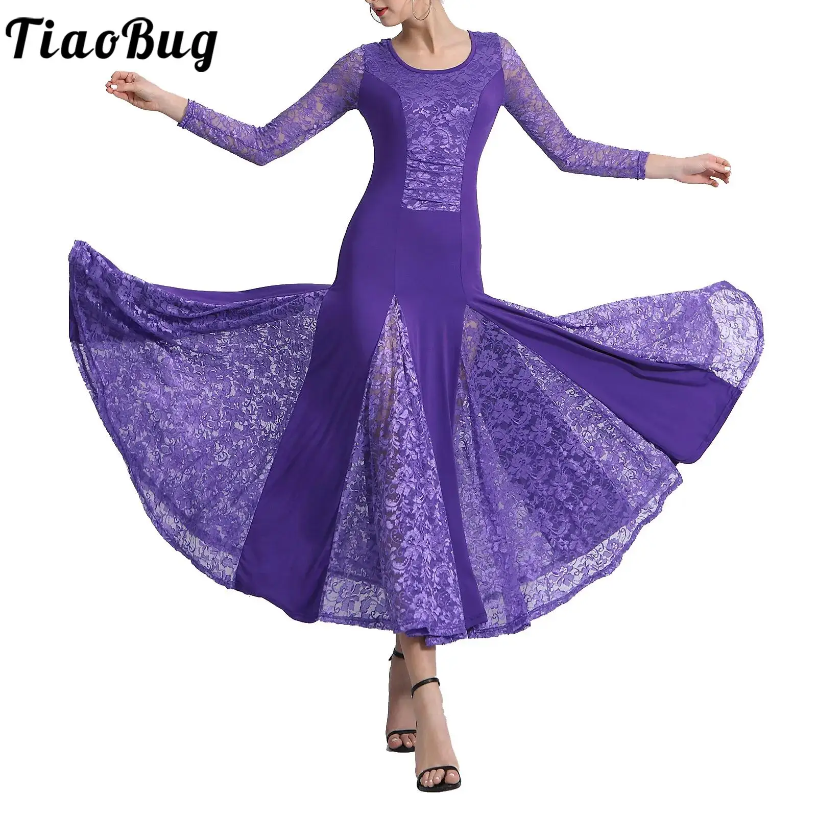 Ballroom Dance Womens Dress Performance Dancewear Elegant Long Sleeve Lace Patchwork Wide Hemline Lyrical Dancing Long Dresses