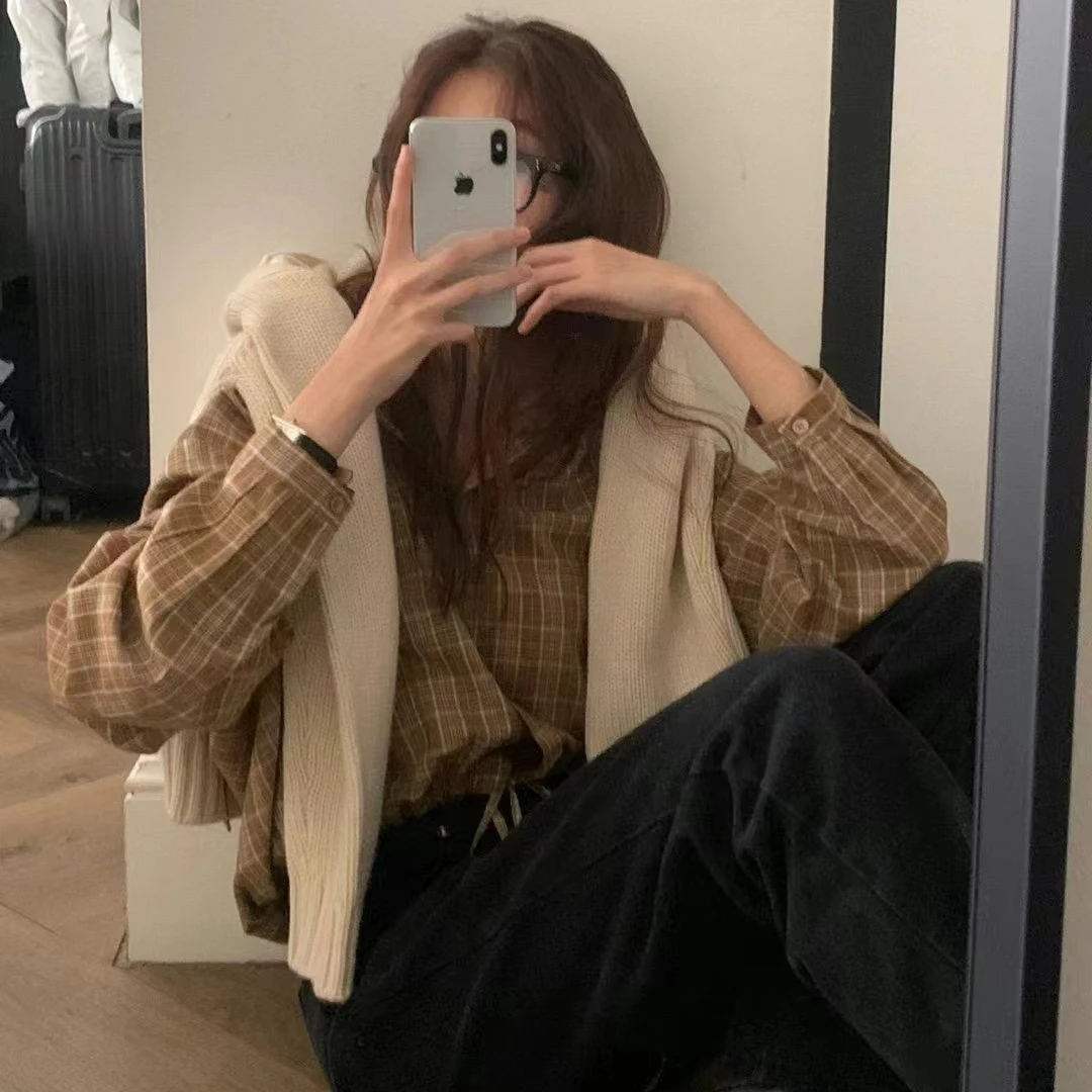 

Женская повседневная рубашка Laid-ba в стиле ретро в клетку, свободного кроя, с капюшоном и завязками, в корейском стиле, для всех сезонов и случаев