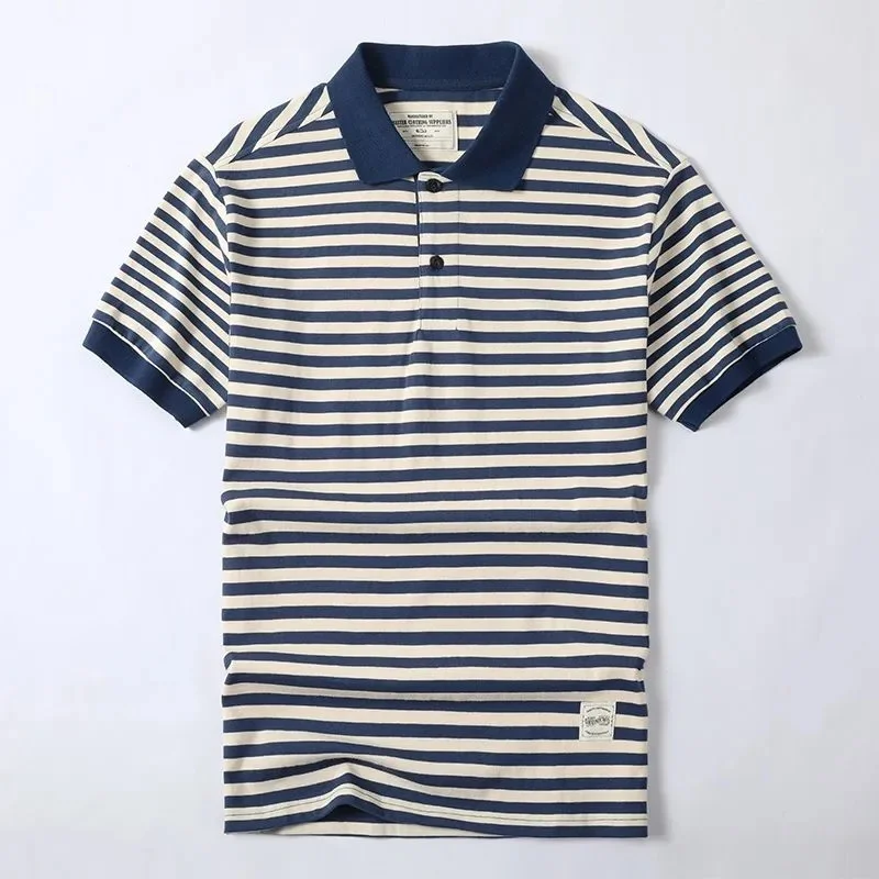 

Summer Cotton Polo Shirt Mens Stripe Short Sleeve T High Quality Retro Lapel Tee Tops Male