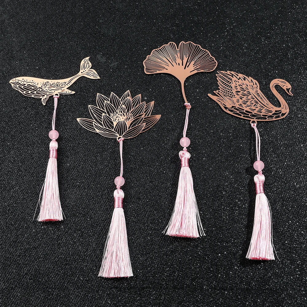 10 Styles Rose Gold Color Hollow Animal Flower Plant Metal Bookmarks with Pink Tassel for Book Lover Mark Gifts Collection