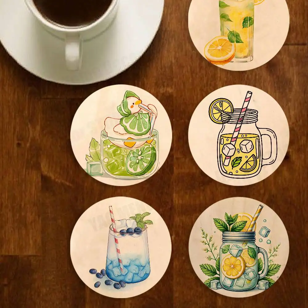 

Fresh Summer Fruit Juice Wood Coaster Mug Tea Coffee Cup Pad Heat Resistant Placemats Wood Coaster Holder Tableware Decoration