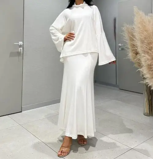 

Two Piece Set Women Outfit 2025 Spring Autumn New Solid Color Long Sleeve High Neck Loose Top & High Waist Long Skirt Set