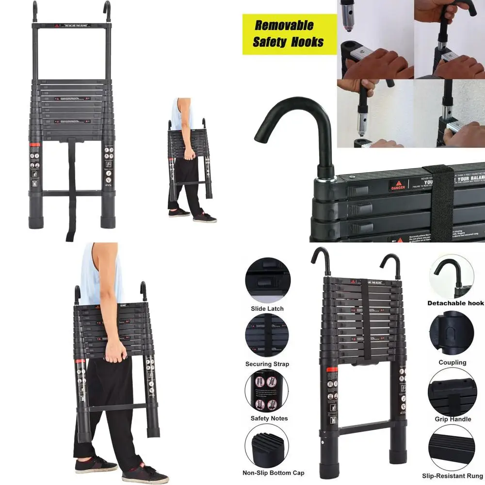 บันไดอลูมิเนียมสีดำแบบยืดหดได้สำหรับงานหนัก พร้อมตะขอที่ถอดออกได้ ความสูงพับเก็บได้ 2.8 ฟุต เพื่อการจัดเก็บที่ง่ายดาย