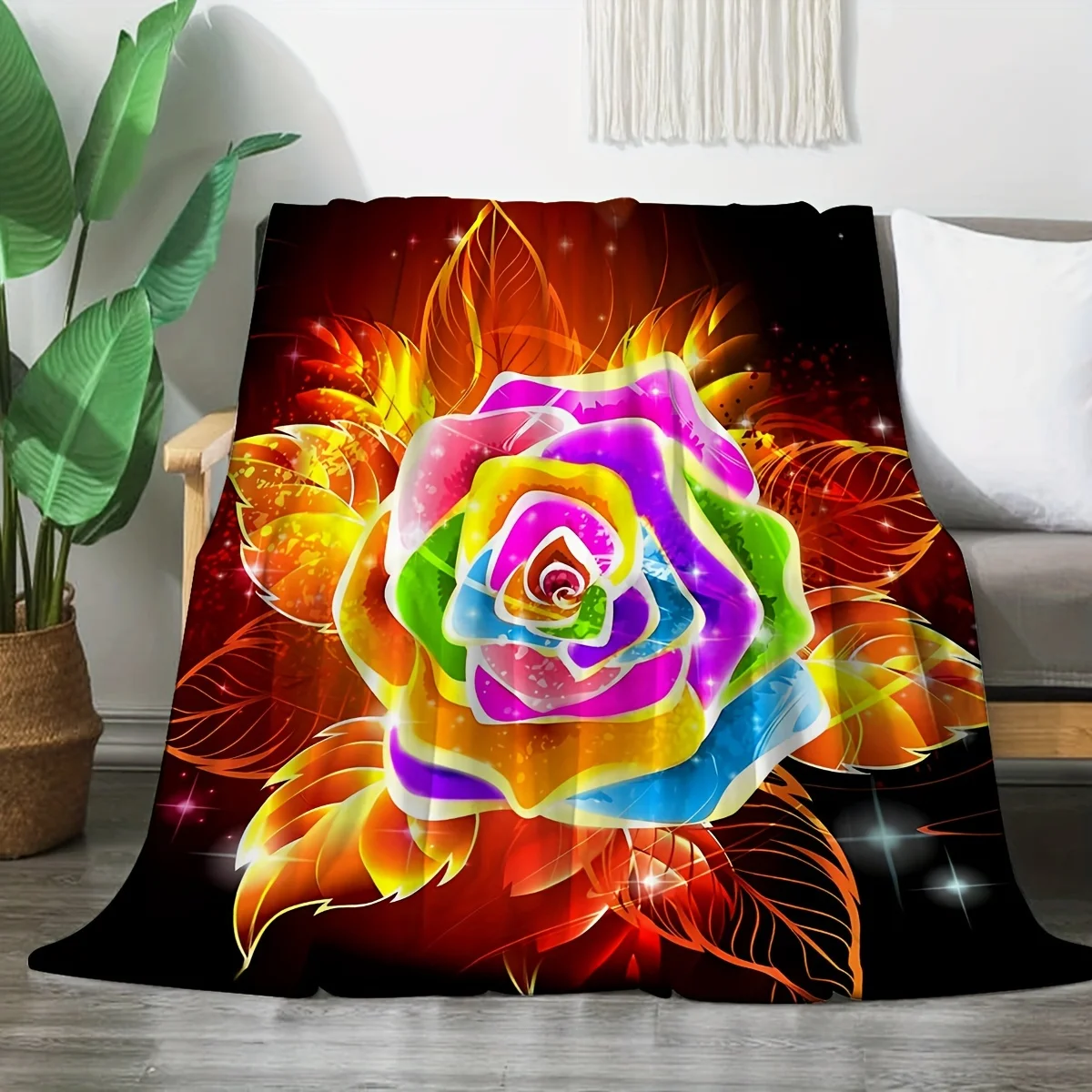 1pc Flannel Creative Colorful Rose Flower Print Blanket, Comfortable and Soft, Suitable for Adults and Children, Multiple Sizes,