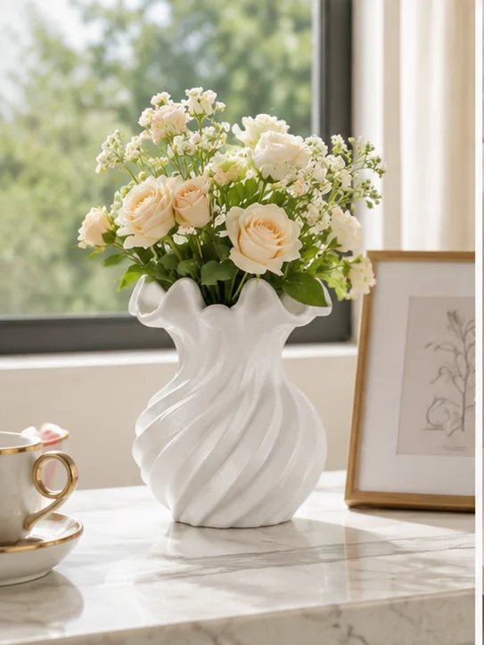 Classic Glossy White Mini Decorative Vase with Swirl Twist Design and Scalloped Edges, Sculptural Contour, Faux Ceramic Texture Flower Vessel, Decorative Container for Dried Flowers and Artificial Flowers, Tabletop and Bedside Table Decoration, Versatile for Home Decor, Suitable for Living Room, Dining Table, Entryway, Bathroom, and as a Wedding Favor, Bridesmaid Gift, Birthday, Holiday Gift