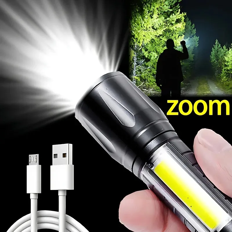 Mini Portable LED Flashlight 3 Modes USB Rechargeable Zoom Torch Light High Power Waterproof Outdoor Camping COB Lamp Lantern