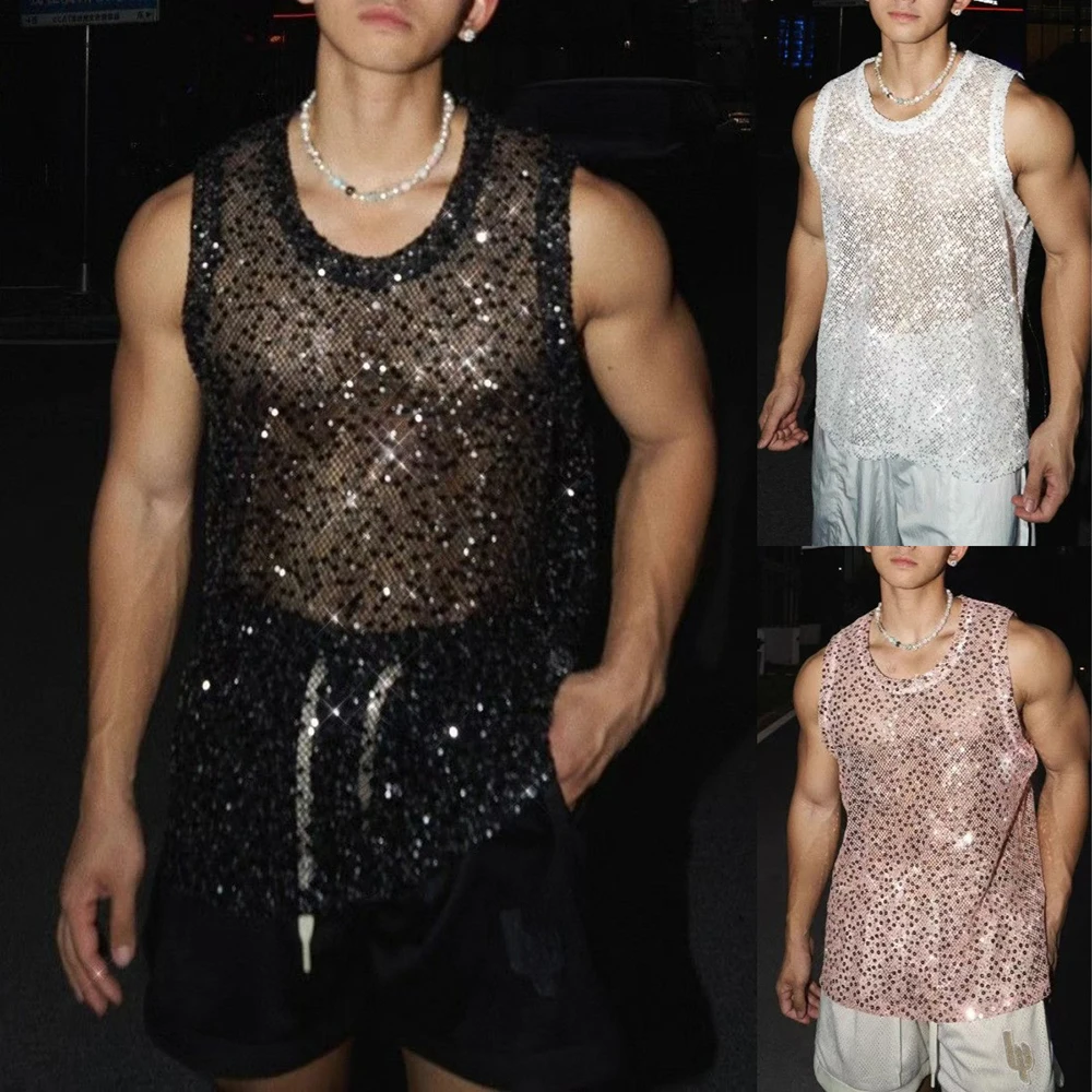 Mens Vest Mesh Sequins Sexy Nightclub Tank Top Summer Fashion Hollow Stage Performance Sleeveless Top Men'S Clothing 2025 New