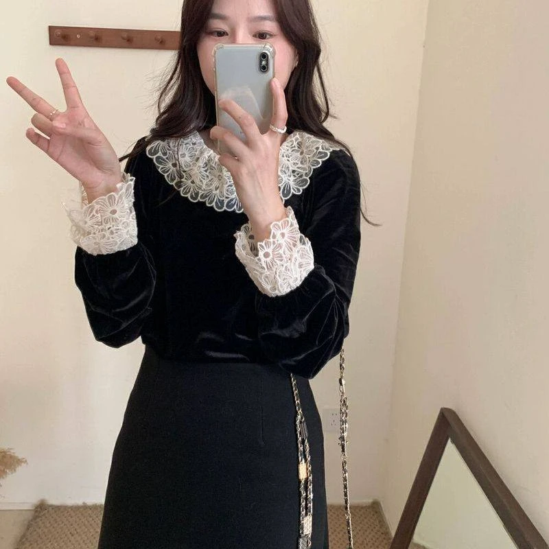 Neploe Korean Elegant Hepburn Style Shirts Femme 2025 Early Spring Temperament Lace Lapel Collat Long Sleeve Velvet Blouses