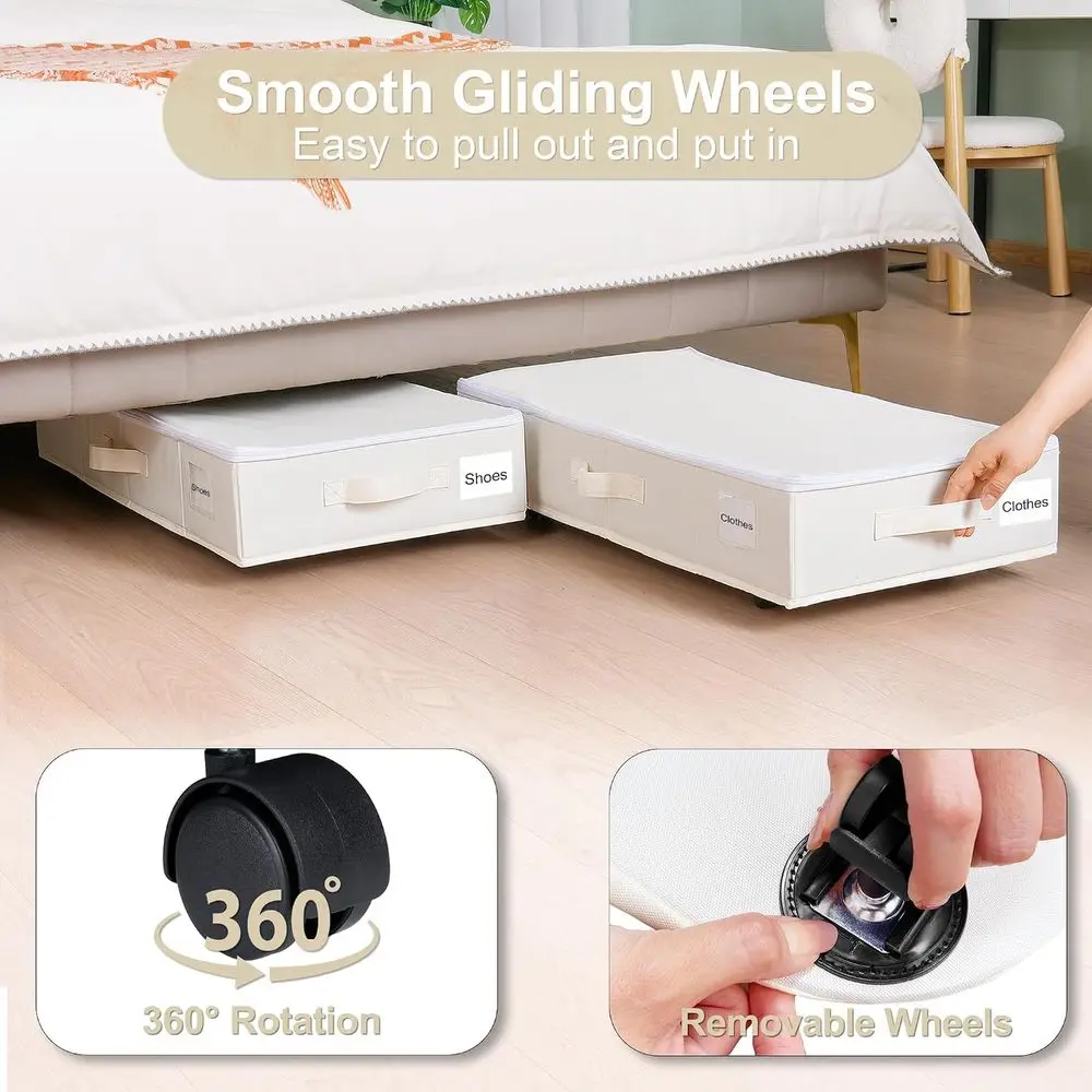 Under Bed Storage with Wheels, 2 Pack Containers for Clothes, Shoes, Blankets, Rolling Organizer with Cover, Beige (30.71x15.7x7 view 2