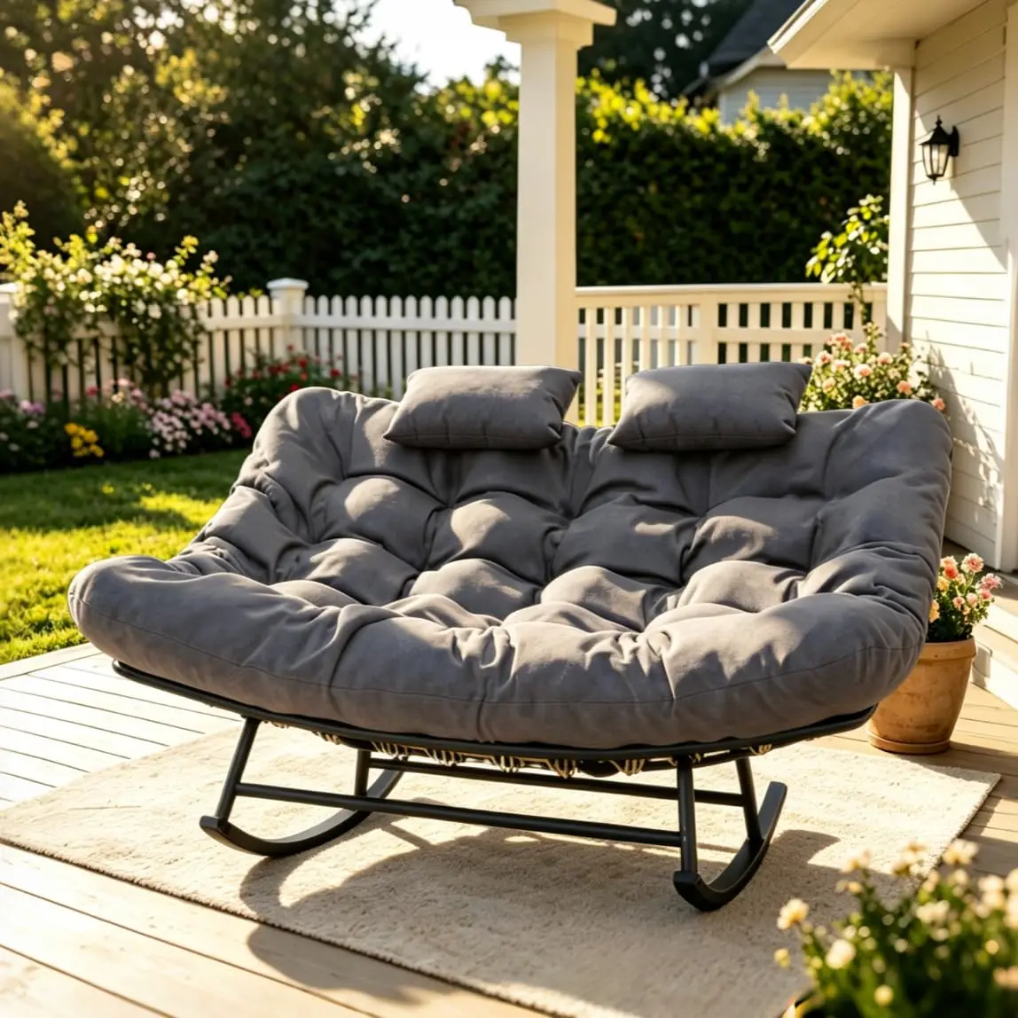 Outdoor Double Rocking Papasan Chair, Oversized Rocker for 2, Grey, Customized