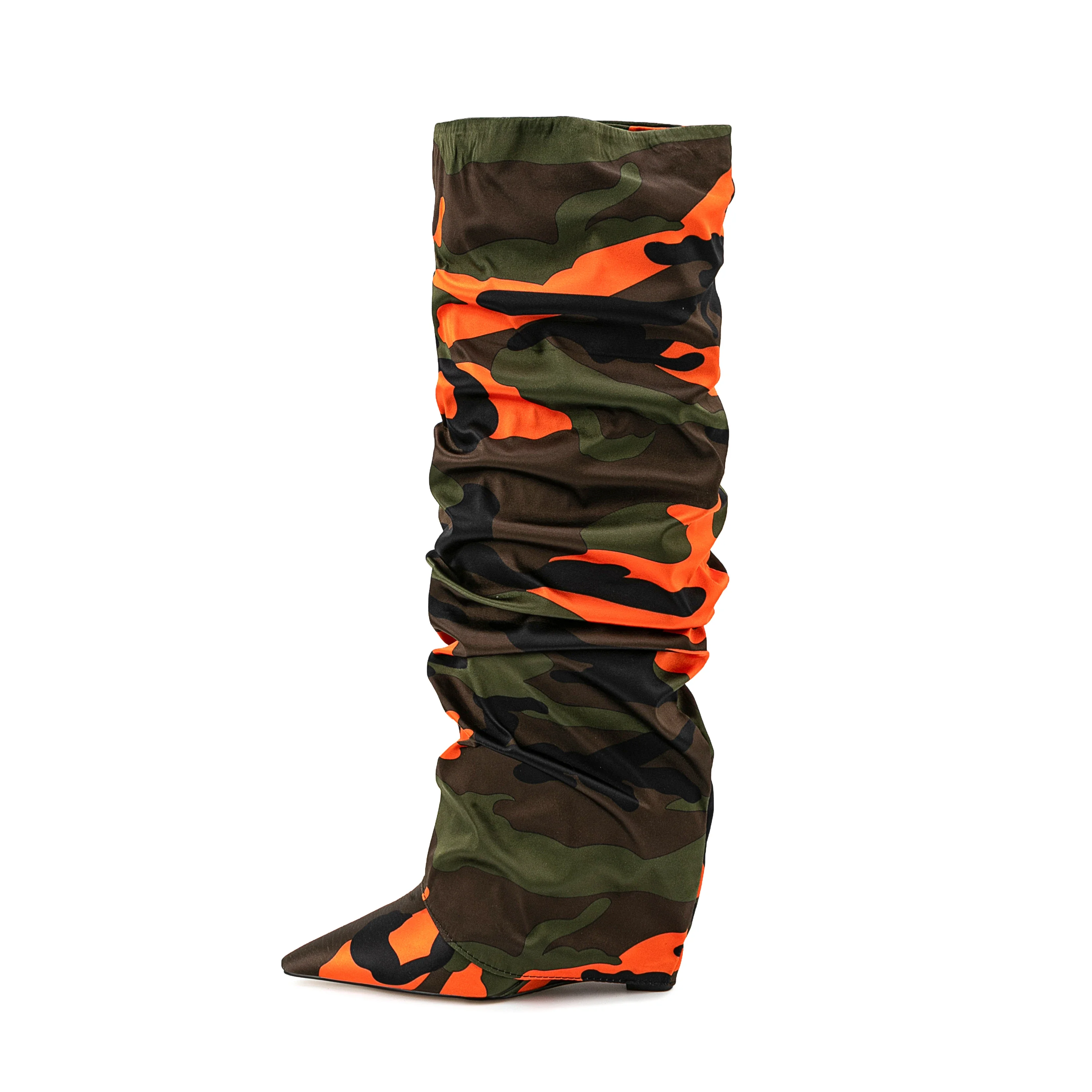 Arden Furtado Winter Camouflage Cloth Pointed Toe Wedges Knee High Boots Turned-over Edge Pleated Extra Large Size Modern Boots