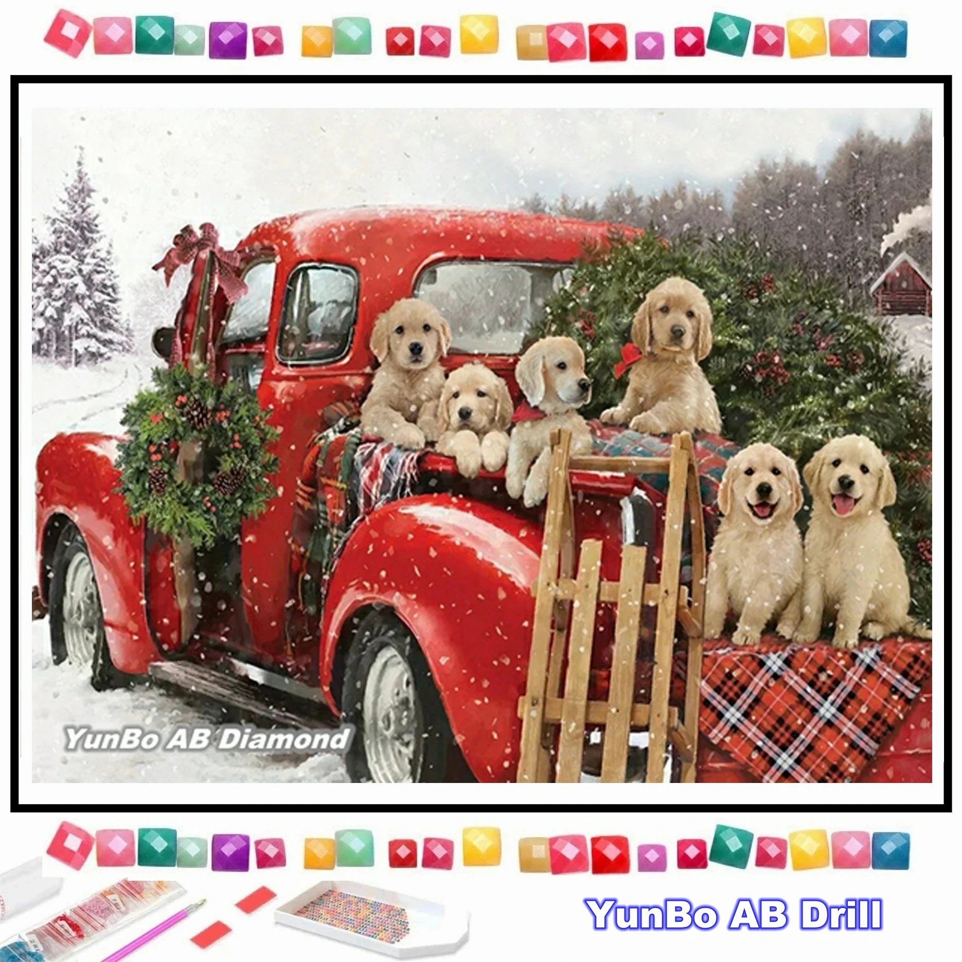 

Christmas Puppy In Red Car DIY AB Diamond Painting Cute Animal Friend Cross Stitch Rhinestone Craft Embroidery Home Decor Gifts