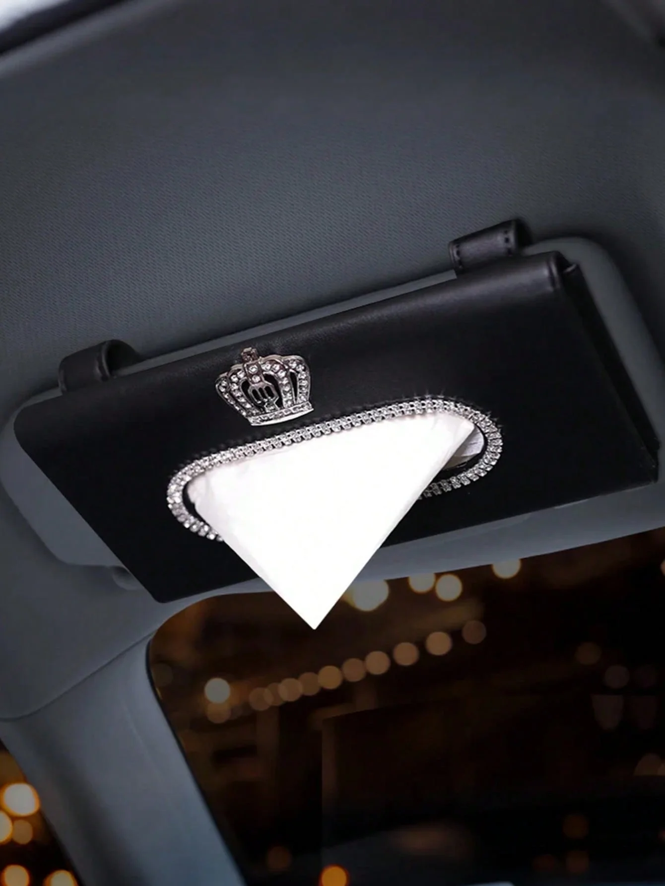 

Luxury Crystal Crown Sun Visor Tissue Holder – Premium PU Leather with Rhinestone Decoration, Elegant & Eye-Catching Design, Eas