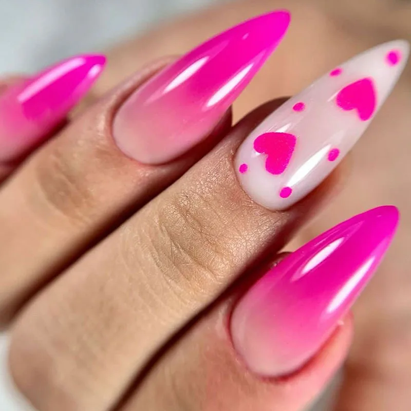 

24Pcs Mid-length Almond Press on Nails Tips with Pink Gradient Polka Dot Heart Design Fake Nails Wearable Full Cover False Nails