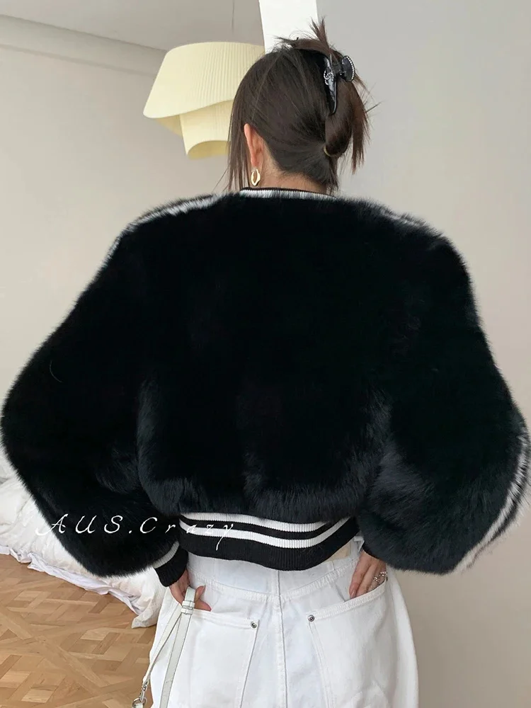 Natural Luxury Fox Fur Parkas Women Winter Jacket Short Fashion Zipper Baseball Uniform Fluffy Warm Black Real Coat