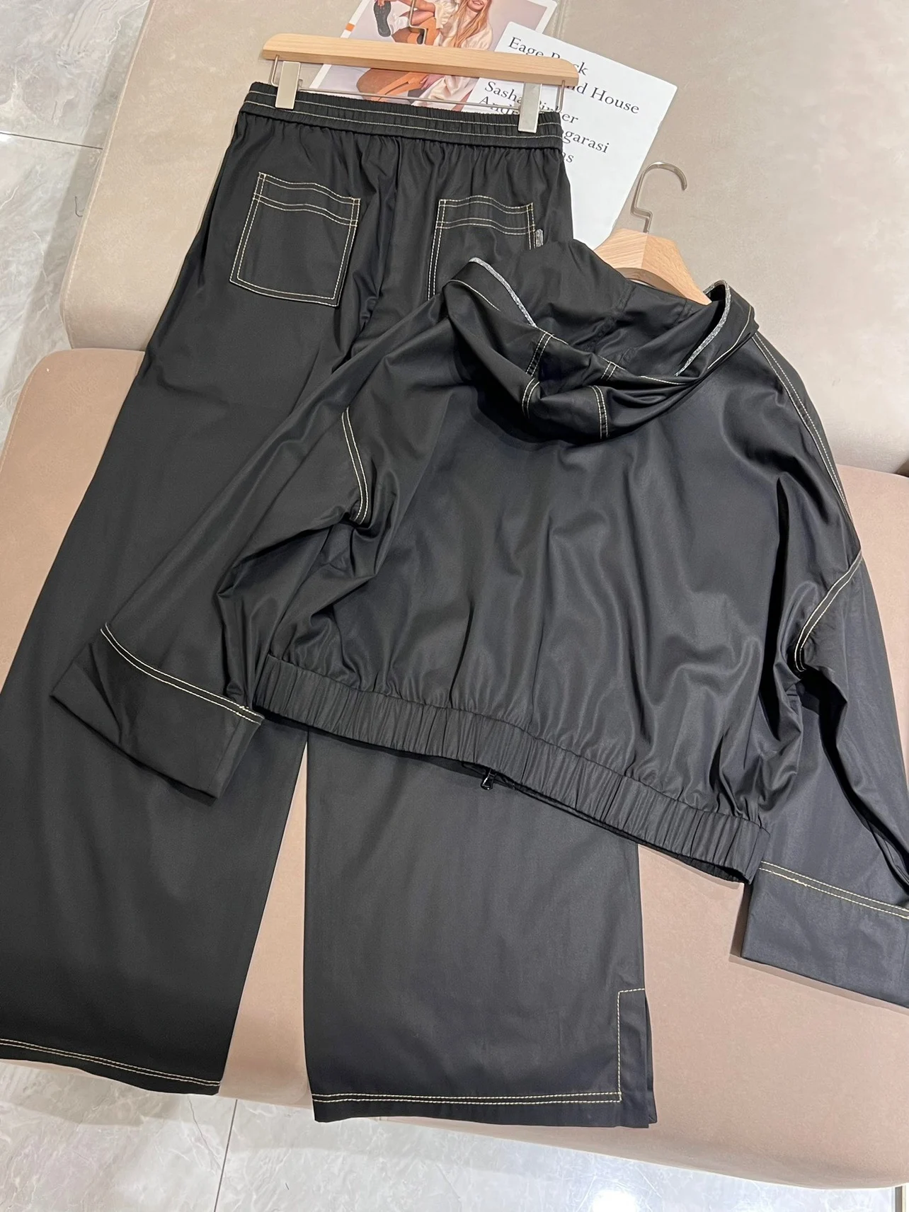 Primavera autunno pantalone da donna felpa con cappuccio giacca cappotto + elasticità vita alta pantaloni dritti con coulisse Set 2 pezzi