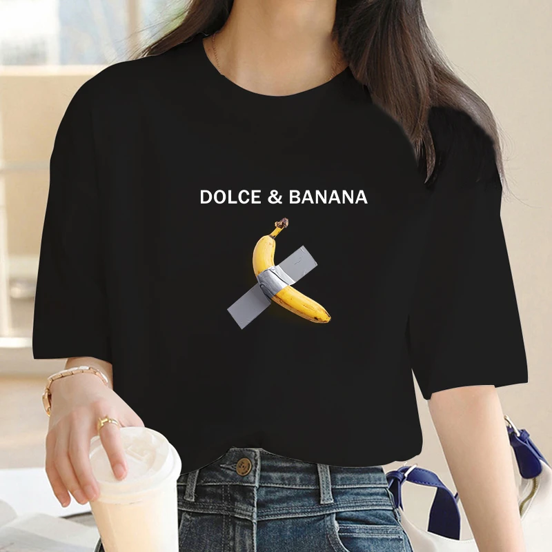 Dolce Banana Print Y2k T-shirt For Women\'s Summer Oversized Ladies Short Sleeved Tees Clothing Loose Pure 100% Cotton Soft Tops