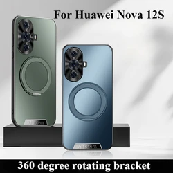 Magnetic Rotating Stand Case For Huawei Nova 12S Gold Matte Metal Lens Protection Cover For Huawei Nova 12S Shockproof Bumper