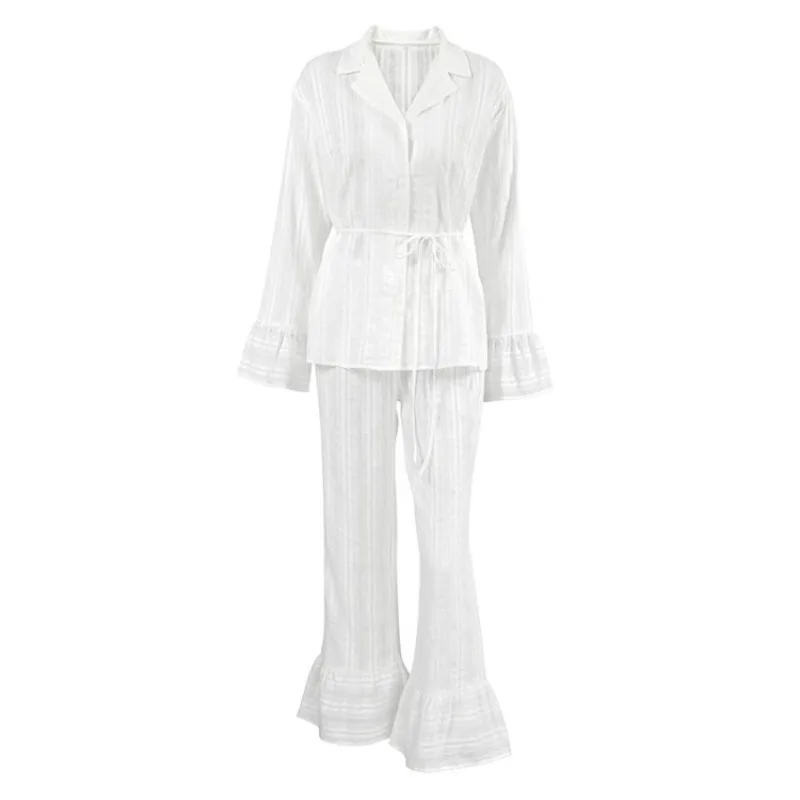 New Autumn Home Wear Long-sleeved  Long Pants with Ruffled Edges and Skin-friendly Pajamas Set  Pure Cotton Jacquard Comfortable
