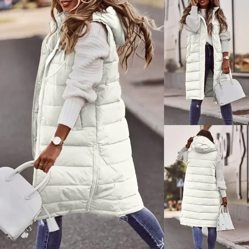 Chic Hooded Zipper Jacket Autumn Winter Women Long Oversize Waistcoat Sleeveless Fashion Warm Quilted Vest Down Coat