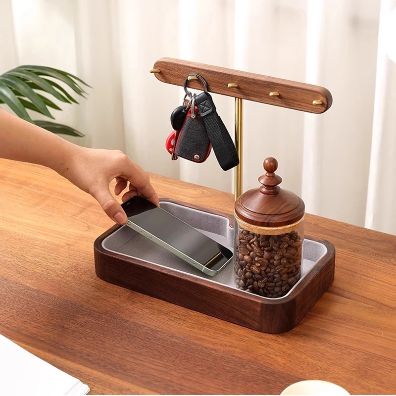 Walnut Wood Key Tray For Entryway Table Wooden Catchall Storage Organizer Desktop Rack Hanging Holder For Jewelry Rings Phone