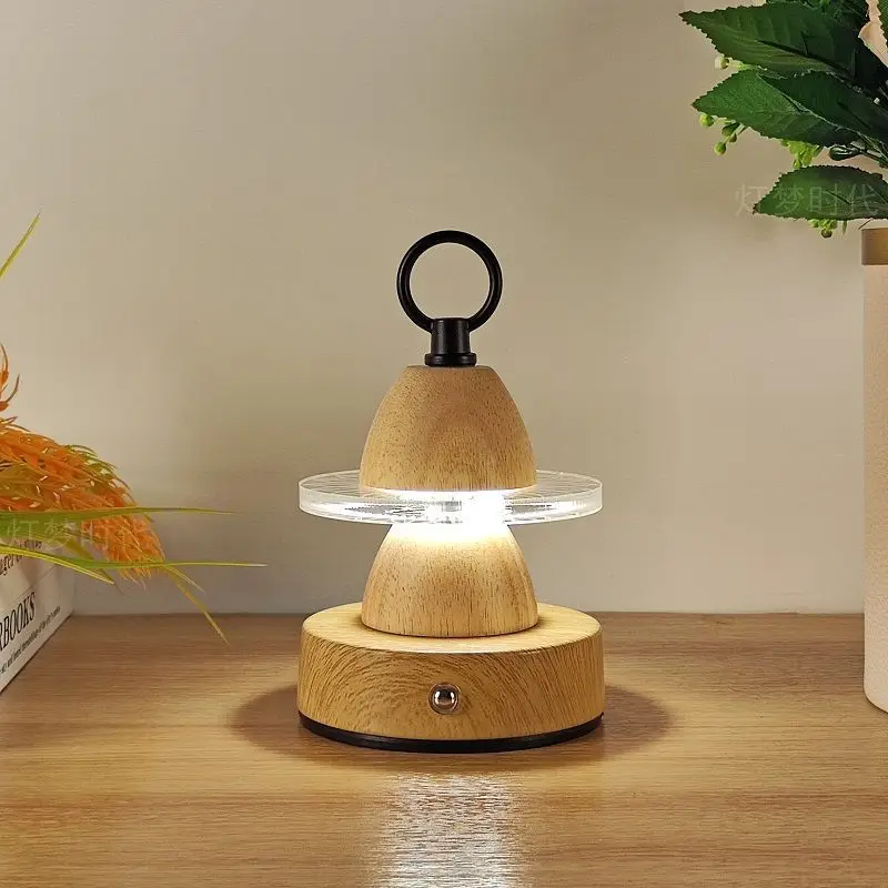 Mid ancient style rechargeable handheld desk lamp dimming night light solid wood bedroom atmosphere bedside lamp