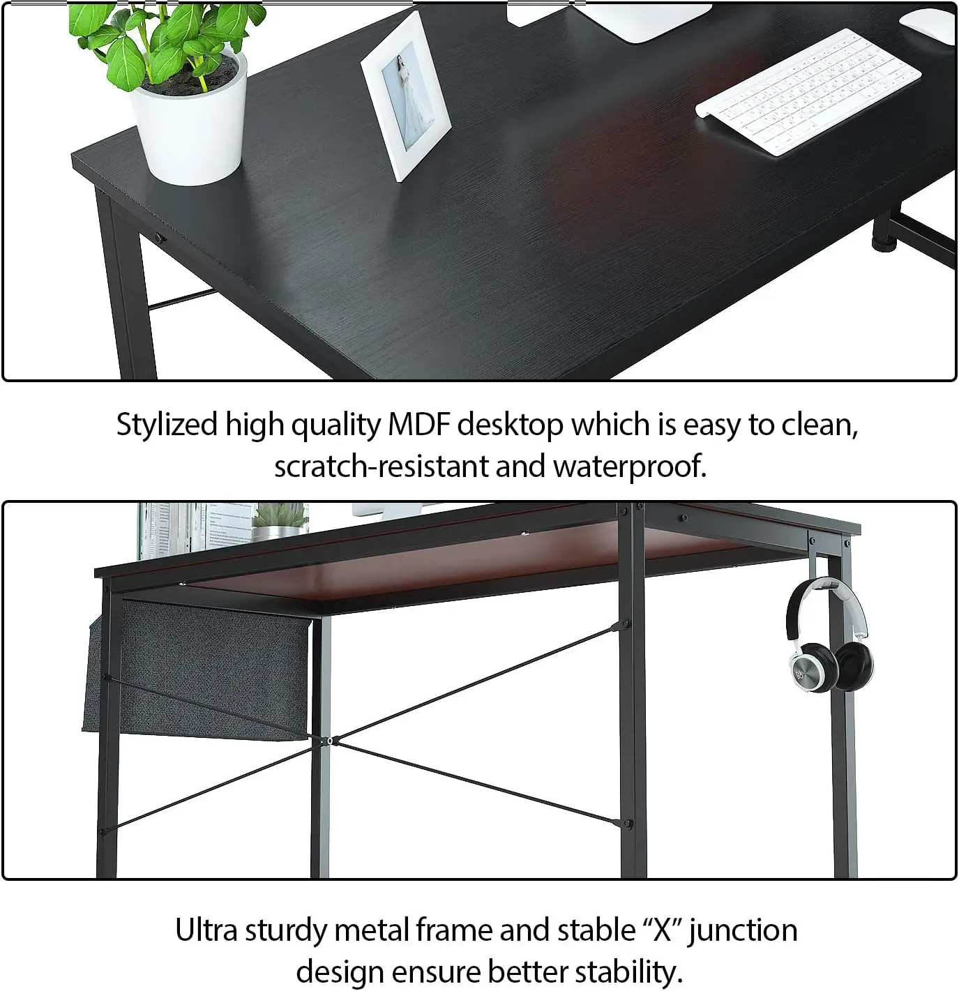 47인치 현대식 컴퓨터 책상(수납 가방 및 철제 후크 포함), 홈 오피스 학습용 책상, 블랙