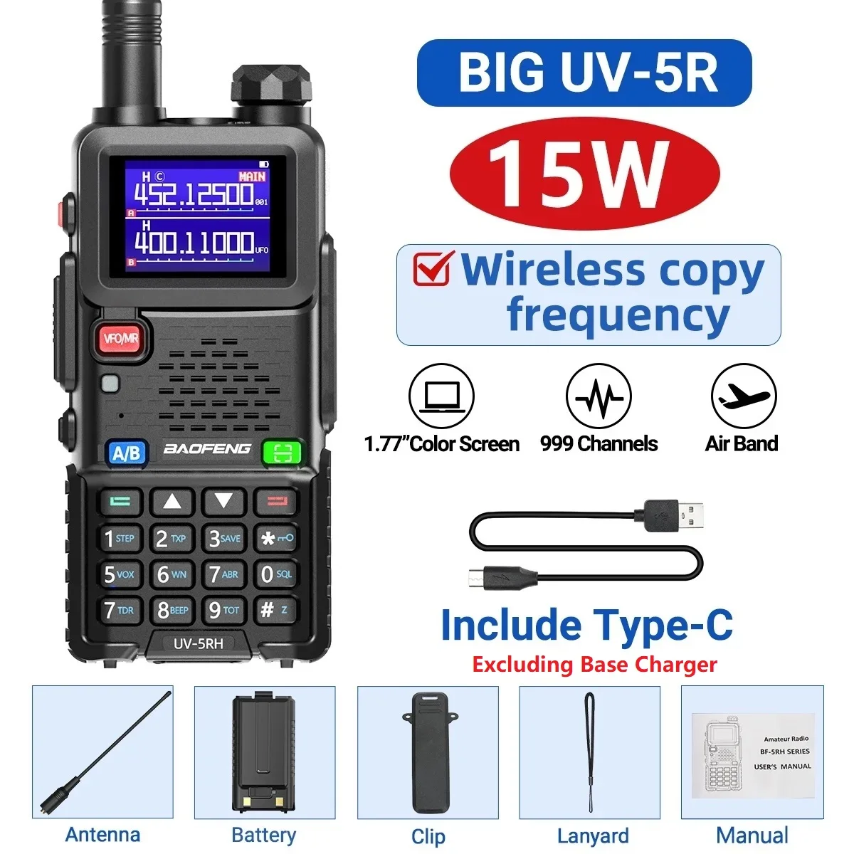 Baofeng UV 5RH 10W Air Band Walkie Talkie Long Range Wirless Copy Frequency Type-C Baofeng UV 5R MINI UV 21 PRO 2 Way Ham Radio image 3