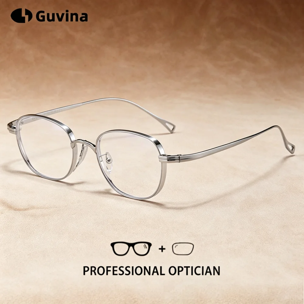 Guvina New Retro Pure Titanium Optical Glasses For Man Woman Progressive Lenses Photochromic Custom Prescription Eyewear Silver