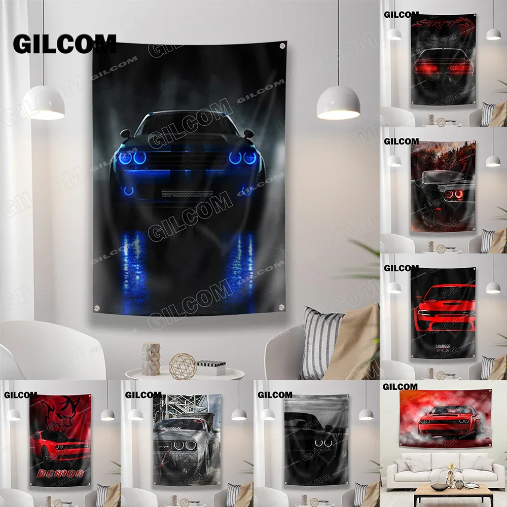Car Racing Flag USA Muscle Hellcat Demon Challenger Banner Poster Polyester Printed Tapestry for Garage Outdoor Decoration