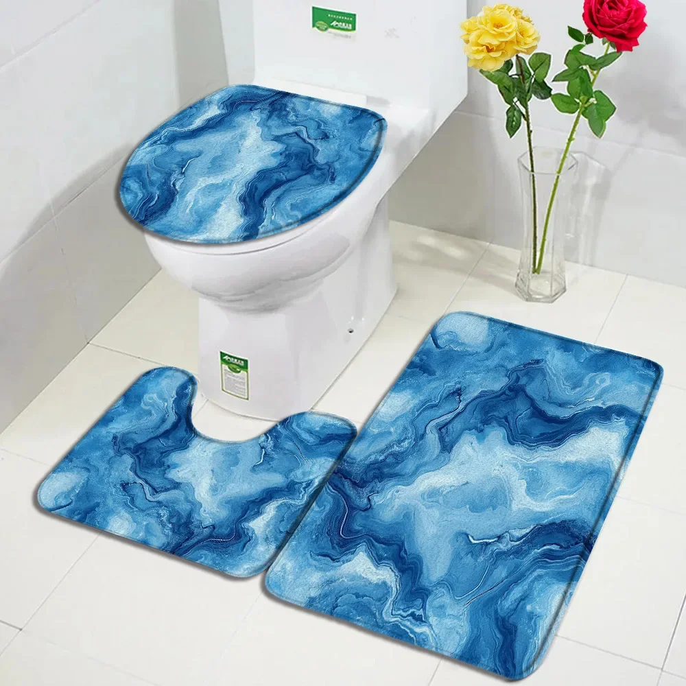 

Abstract Marble Blue Ink Texture Pattern Bathroom 3Pcs/set Mats Home Flannel Decorate Accessory Floor Rugs Toilet Cover 40*60 CM