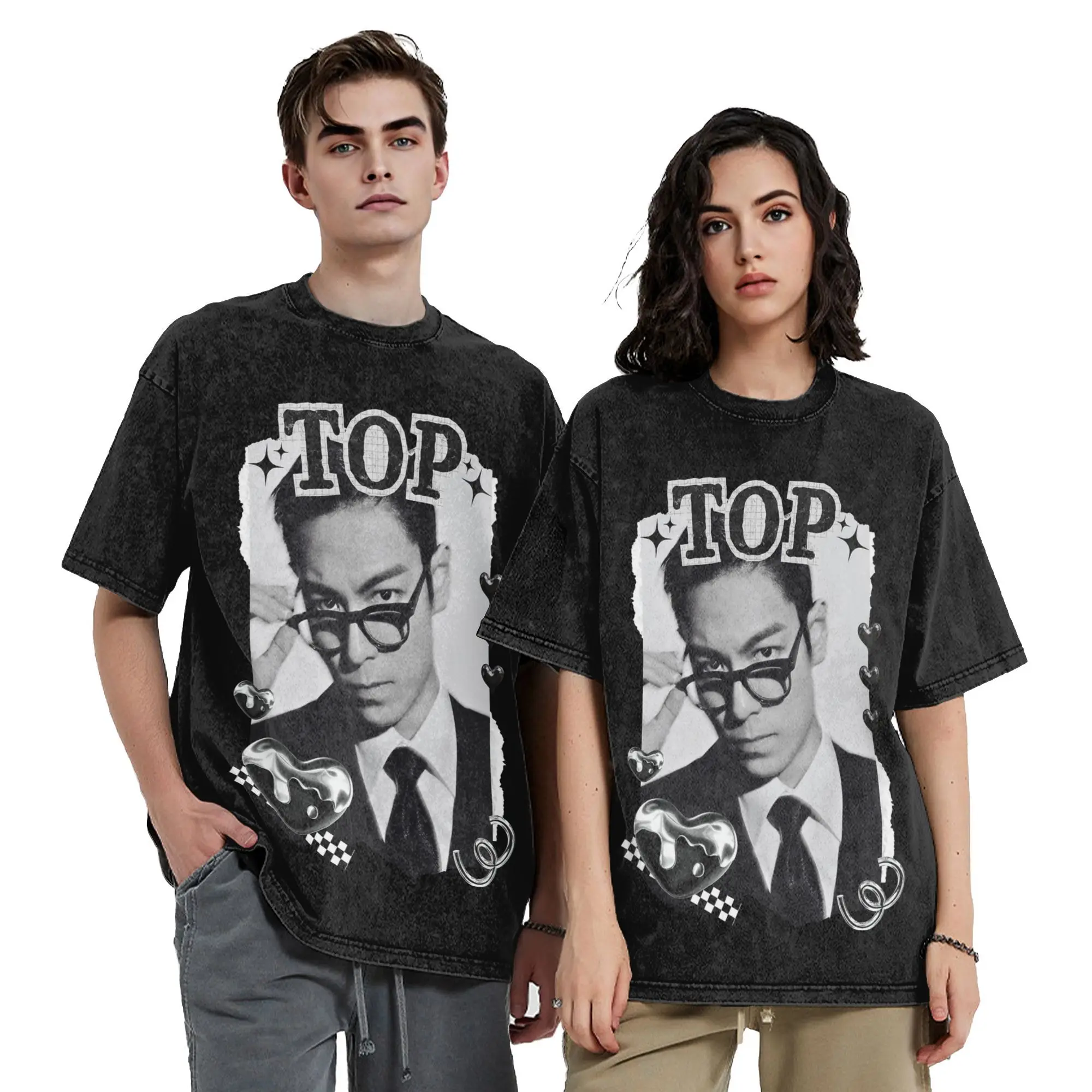 Image of T.O.P Choi Seung Hyun Koreanischer Schauspieler Vintage Washed T-Shirt Herren Baumwolle Tops Lustiger Rundhalsausschnitt Kurzarm