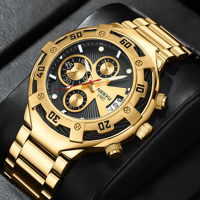 

NIBOSI Brand Luxury Gold Quartz Watch for Men Sport Waterproof Stainless Steel Chronograph Wristwatch Mens Relogio Masculino