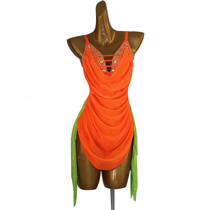 Spaghetti Strap V Neck Ruched Mesh Rhinestone Color Contrast Side Tassel Dance Dress For Latin Dance Competition Stage Performan
