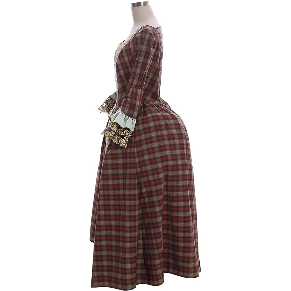 

TV Outlander Cosplay Claire Fraser Dress Women Highland Scottish Plaid Floral Tea Party Gown Halloween Masquerade Costume